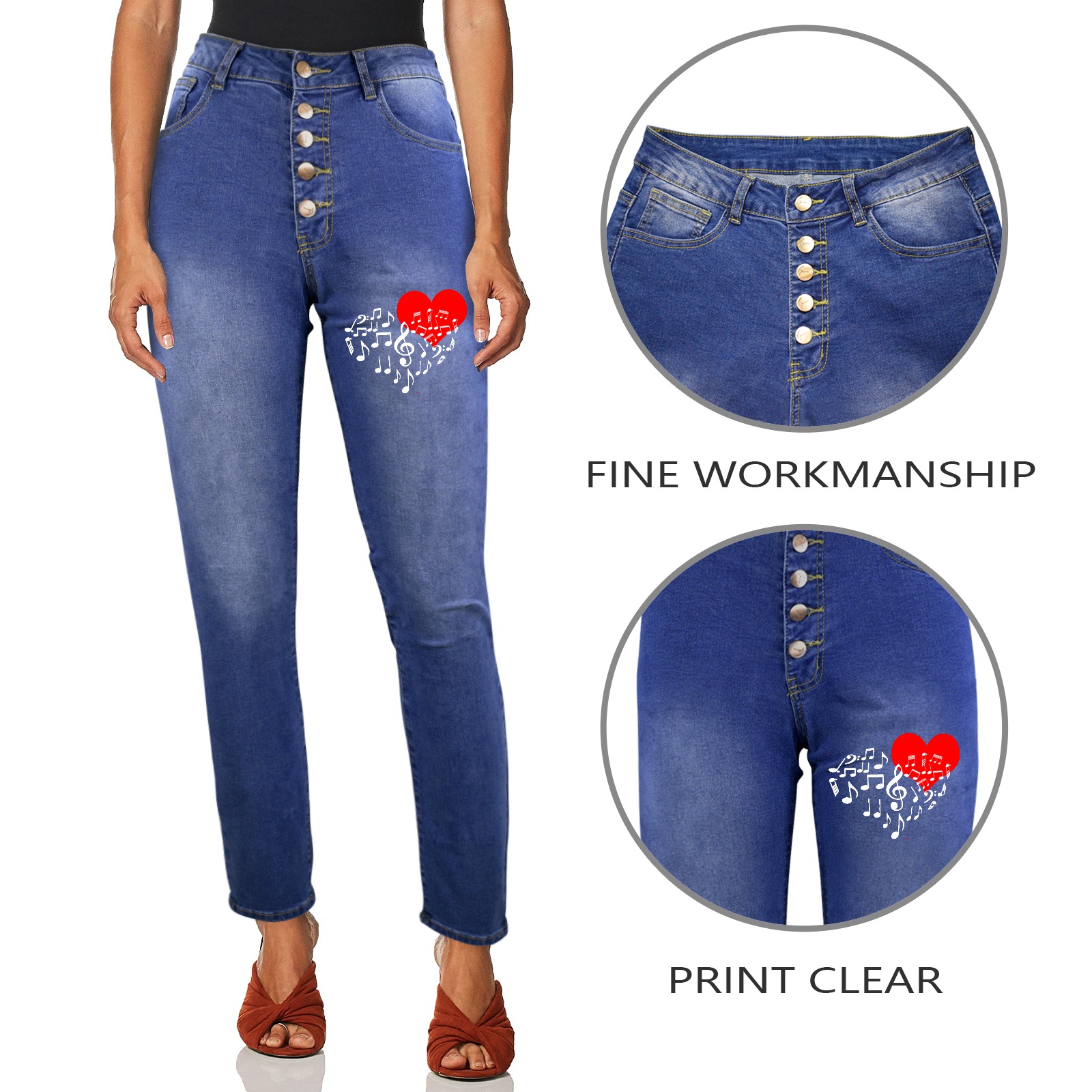 Singing Heart Red Note Music Love Romantic White Women's Jeans (Front Printing)