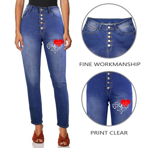 Singing Heart Red Note Music Love Romantic White Women's Jeans (Front Printing)