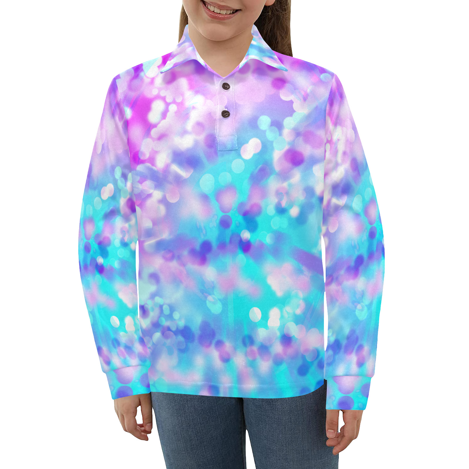 Purple And Blue Bokeh 7518 Big Girls' All Over Print Long Sleeve Polo Shirt (Model T73)