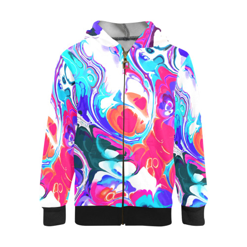 Blue White Pink Liquid Flowing Marbled Ink Abstract Kids' All Over Print Full Zip Hoodie (Model H39)