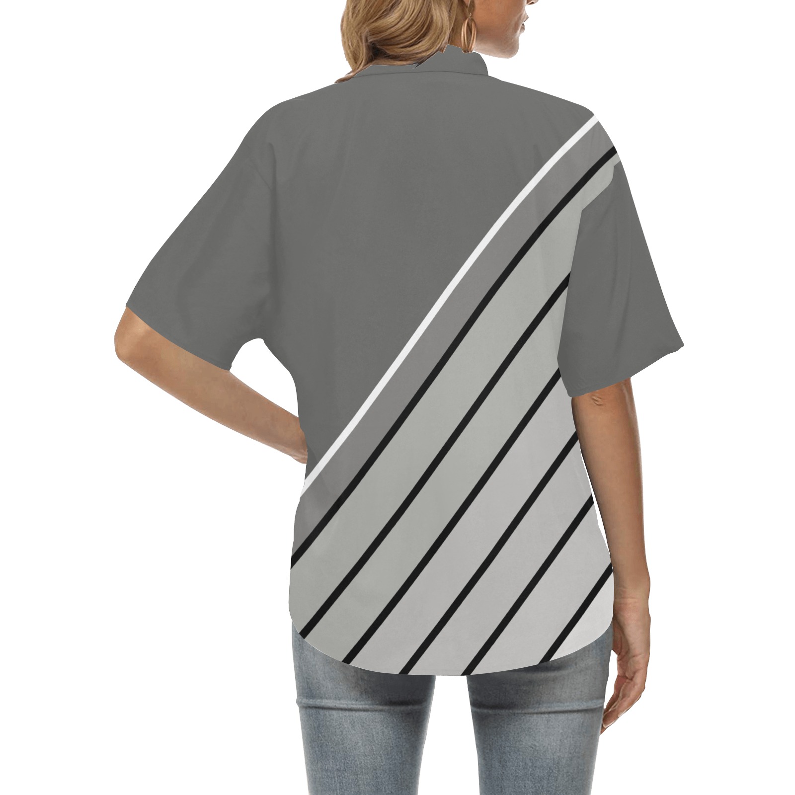 Black White Silver Diagonal Stripes All Over Print Hawaiian Shirt for Women (Model T58)