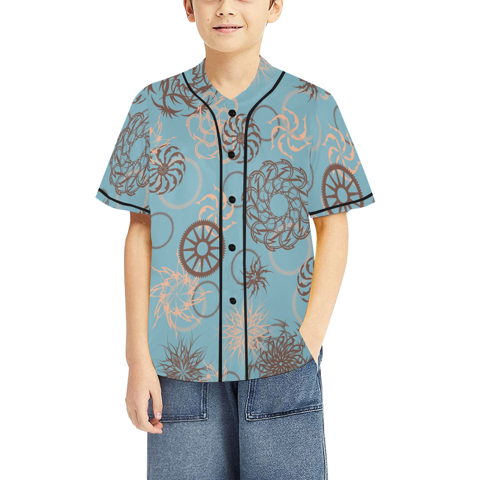 Abstract Spirals and Wheels on Blue All Over Print Baseball Jersey for Kids (Model T50)