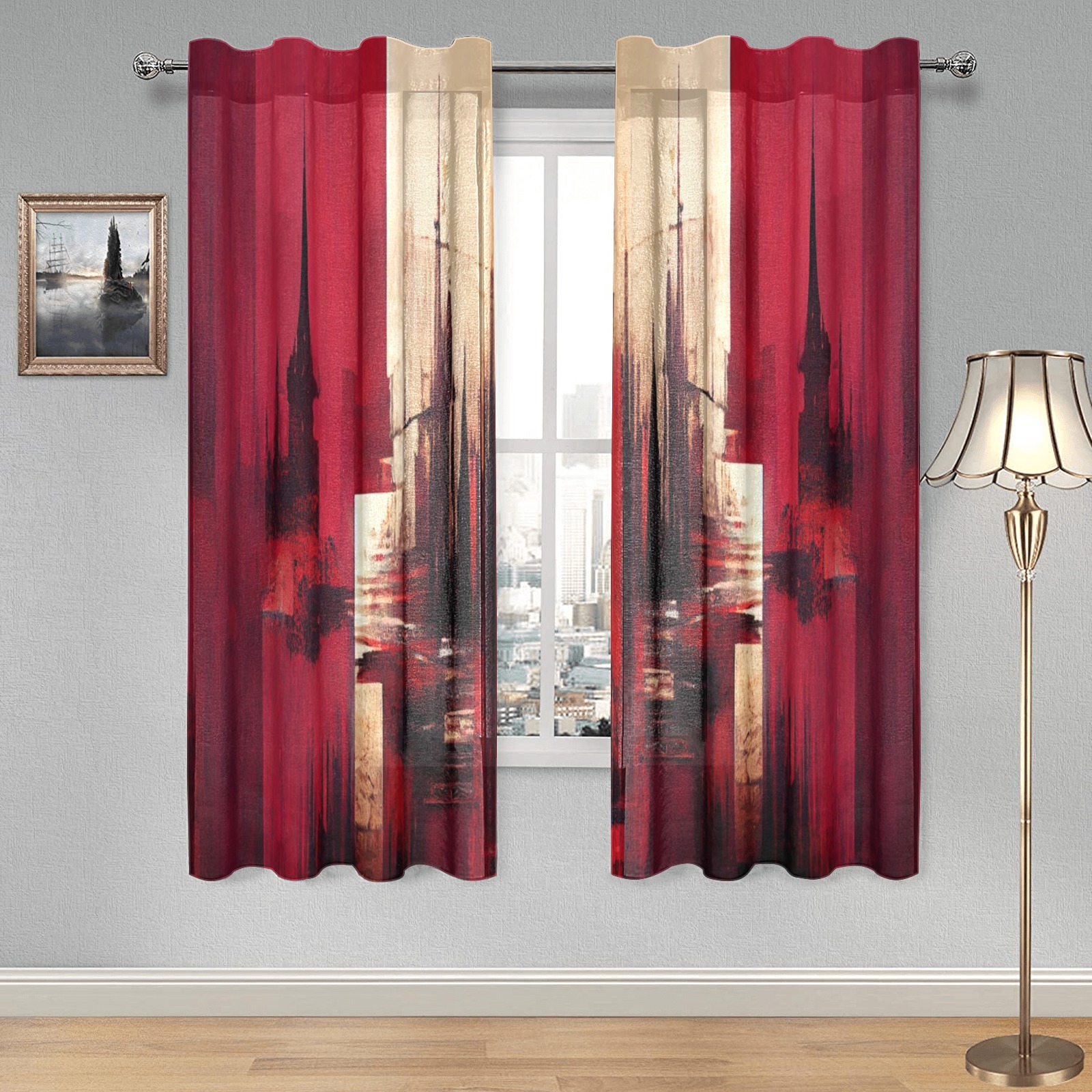 graffiti buildings red and cream 1 Gauze Curtain 28"x63" (Two-Piece)