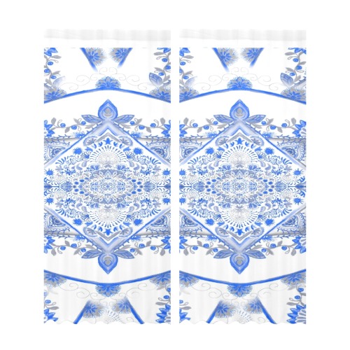 curls watercolor 3- blue Gauze Curtain 28"x95" (Two-Piece)