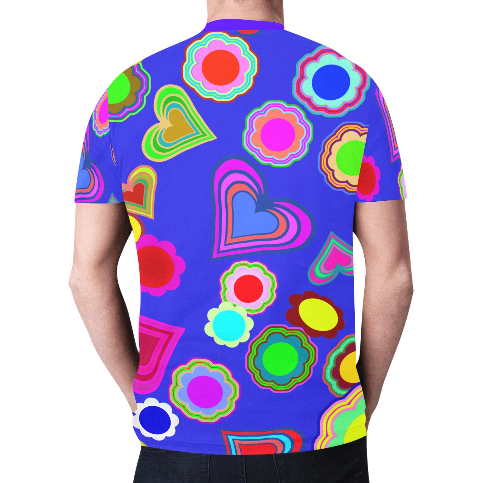 Groovy Hearts Flowers Pattern Blue New All Over Print T-shirt for Men (Model T45)