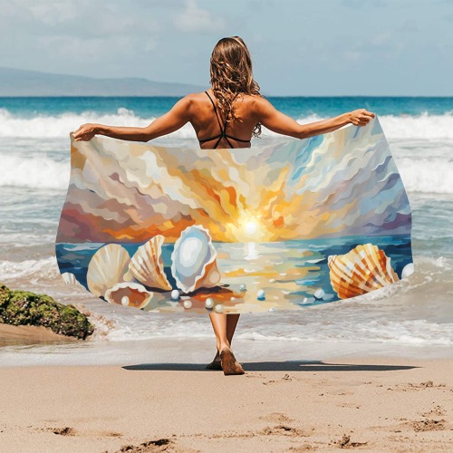 Conches, pearls, sand, ocean sunrise colorful art. Beach Towel 32"x 71"