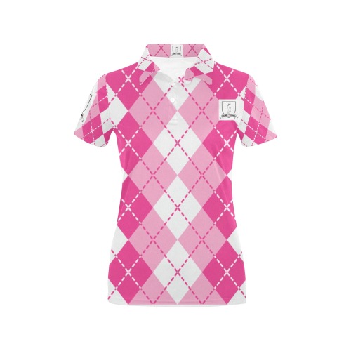 DIONIO Clothing - Ladies Argyle Short Sleeve Polo Shirt (Pink & White ,White Logo) Women's All Over Print Polo Shirt (Model T55)