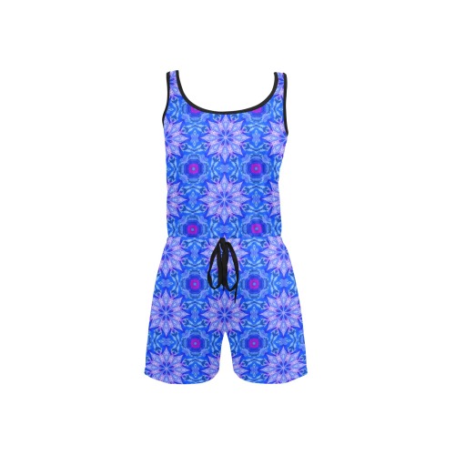 Blue Floral Abstract All Over Print Short Jumpsuit (Sets 04)