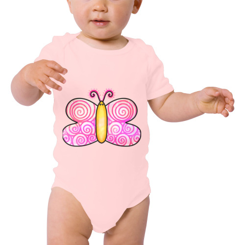 Pink Watercolor Butterfly Doodle Cartoon Baby Powder Organic Short Sleeve One Piece (Model T28)