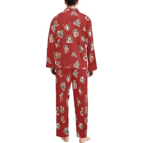 Men's Long Pajama Set Christmas Western Red Men's V-Neck Long Pajama Set