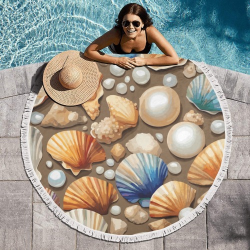 A mix of pearls, shells on the sand colorful art. Circular Beach Shawl Towel 59"x 59"