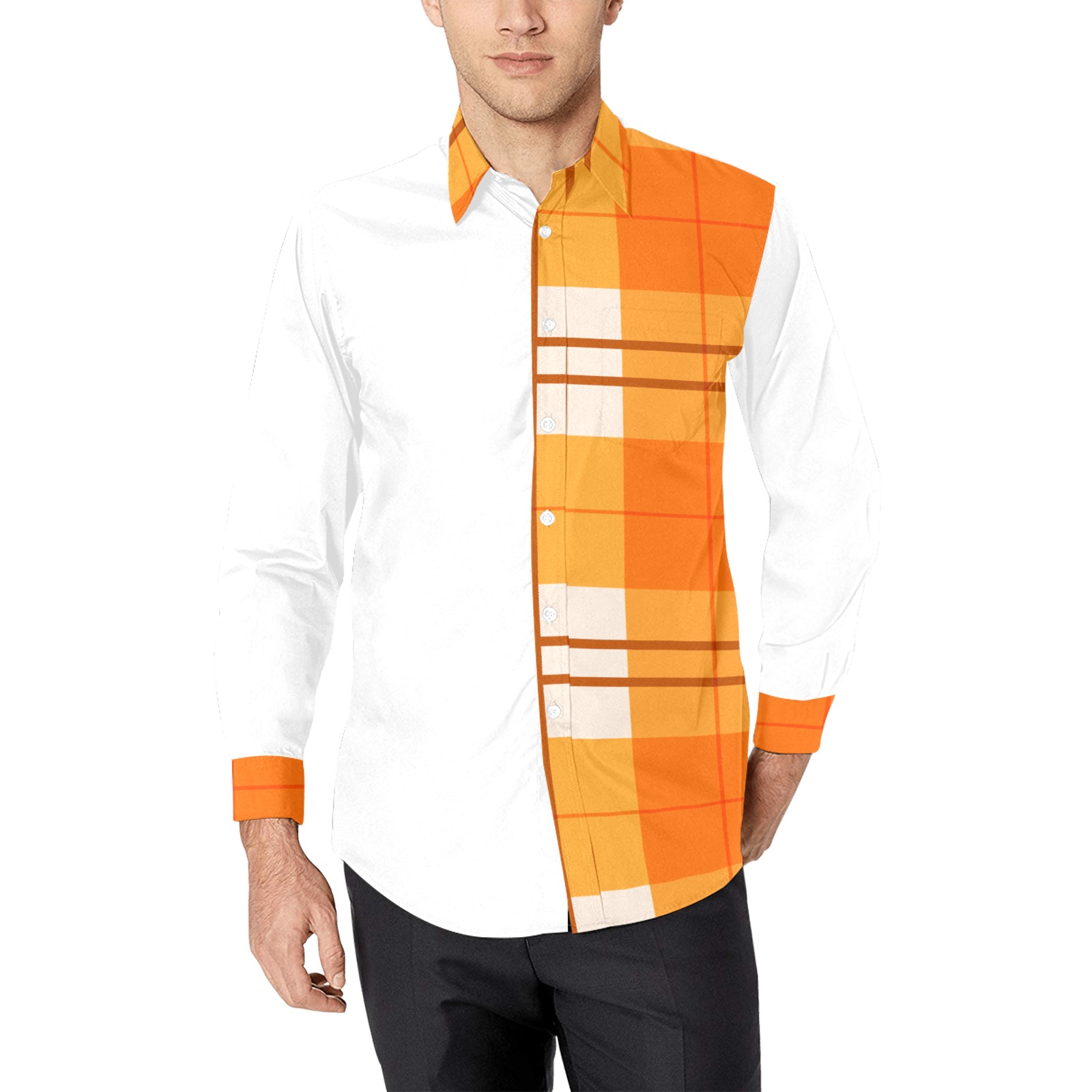 Orange and White plaid Color Block Long Sleeve Button Down Shirt Men's All Over Print Casual Dress Shirt (Model T61)