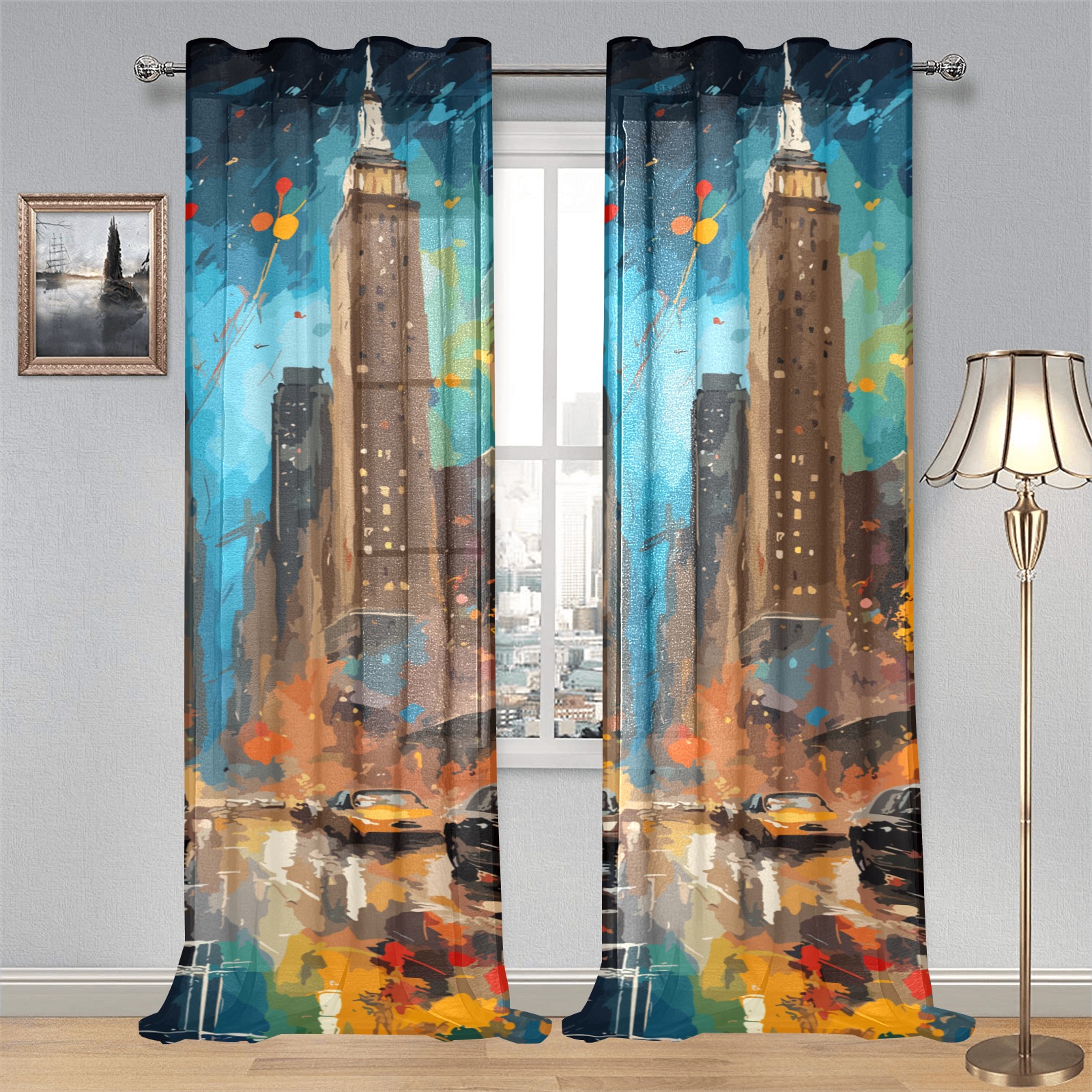 Streets of New York City colorful abstract art Gauze Curtain 28"x95" (Two-Piece)