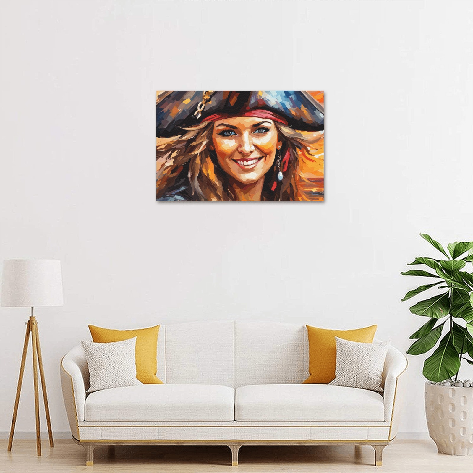 Charming adorable pirate lady at peaceful sunset. Upgraded Canvas Print 18"x12"
