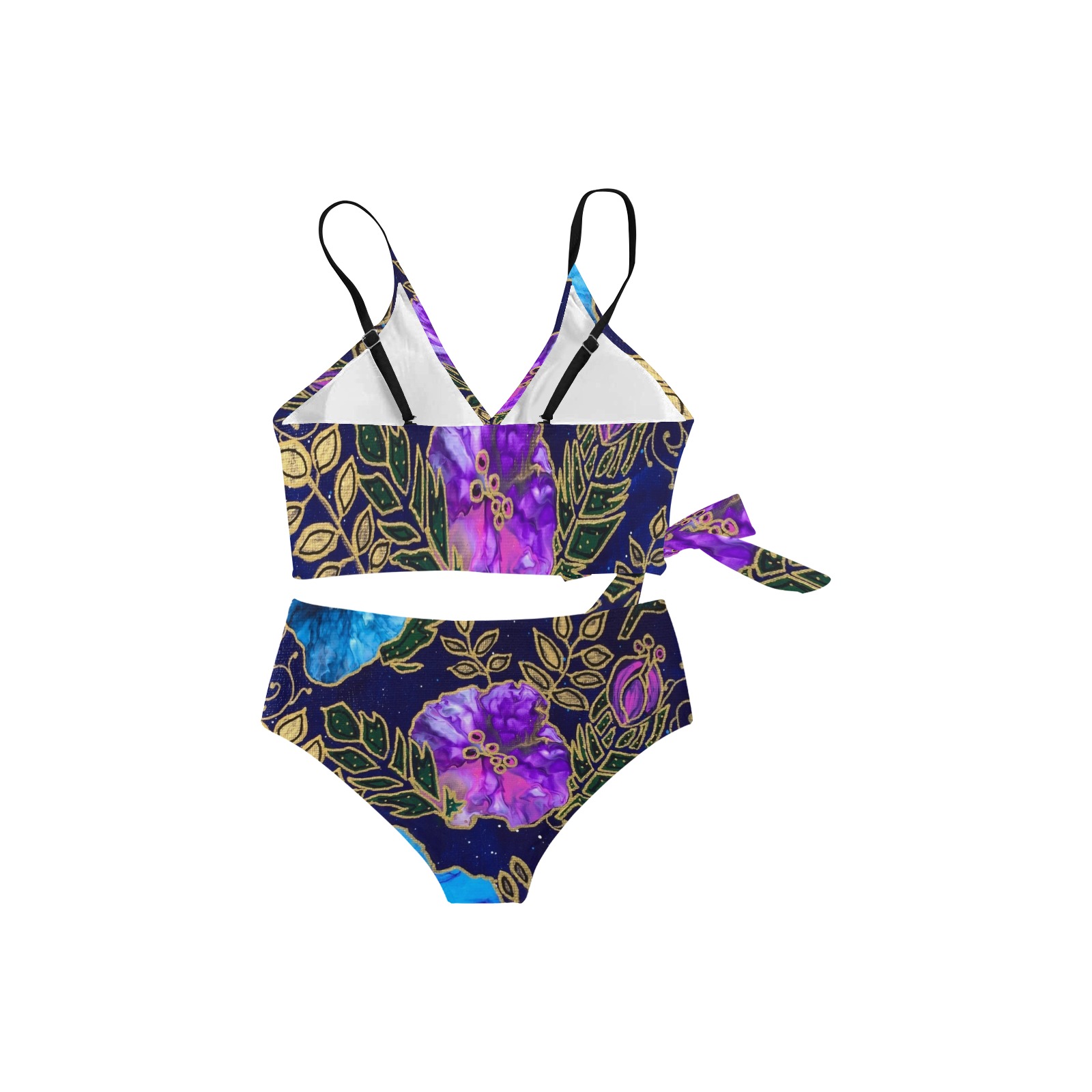 Dark Blue Floral Knot Side Bikini Swimsuit (Model S37)