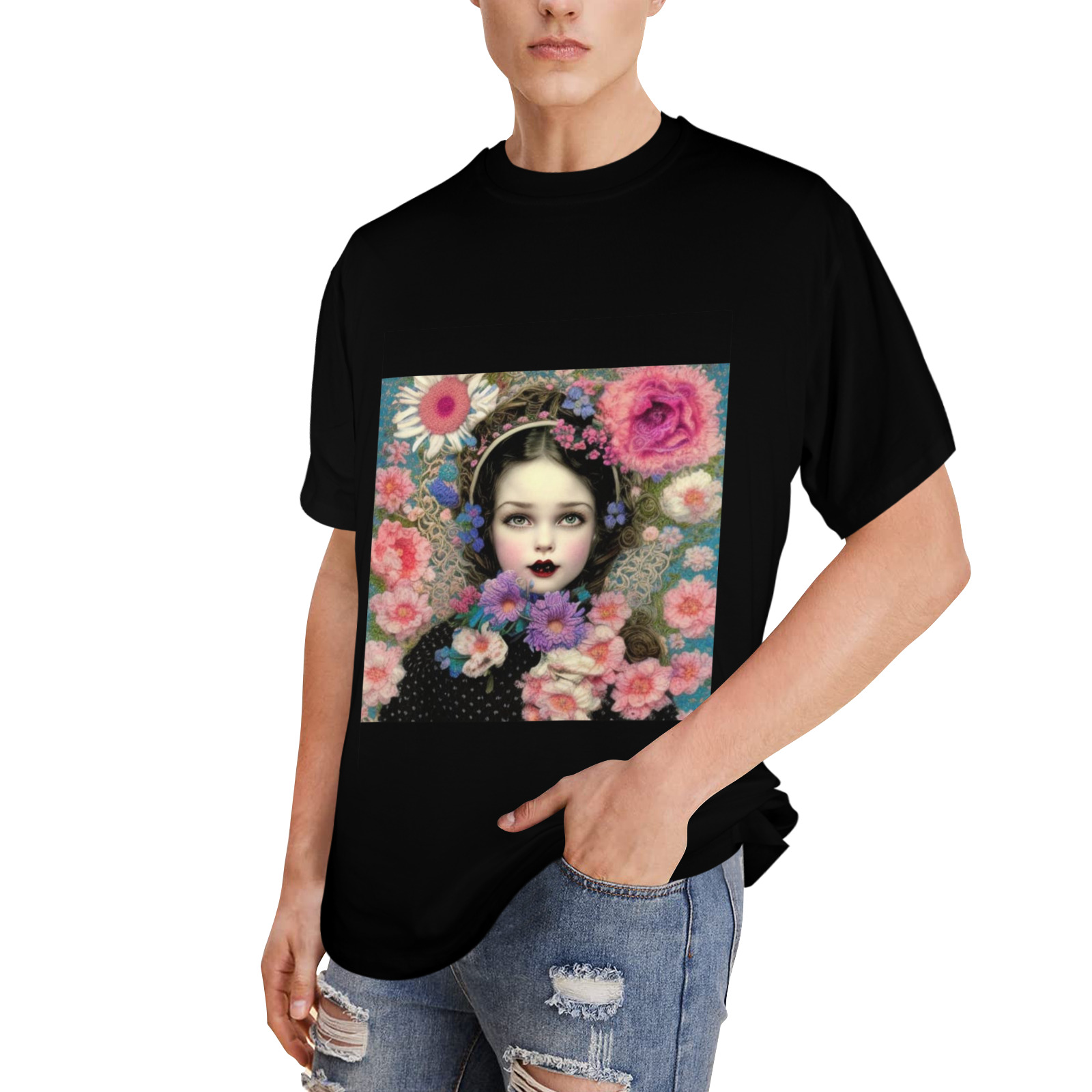 pretty girl with orange pink  knit flowers 5 Men's Glow in the Dark T-shirt (Front Printing)
