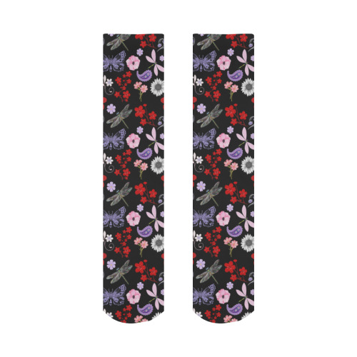Black, Red, Pink, Purple, Dragonflies, Butterfly and Flowers Design All Over Print Socks for Women