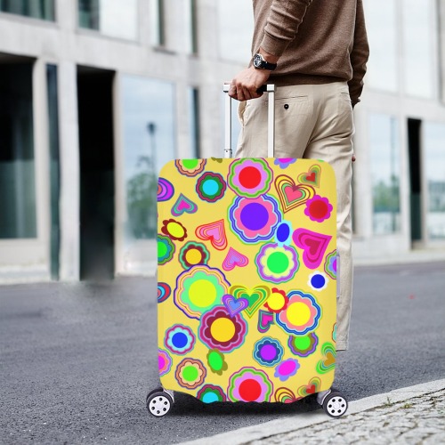 Groovy Hearts and Flowers Yellow Luggage Cover/Extra Large 28"-30"