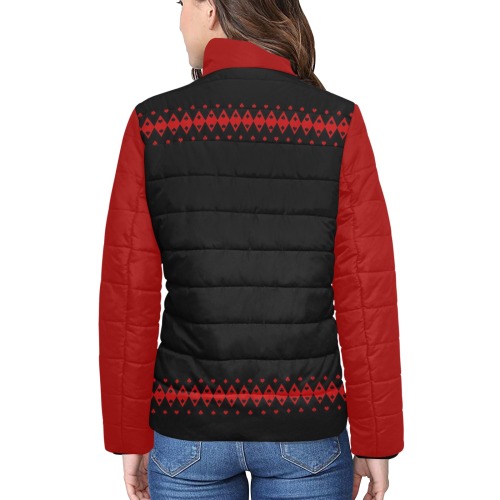 Black Red Playing Card Shapes / Red Women's Stand Collar Padded Jacket (Model H41)