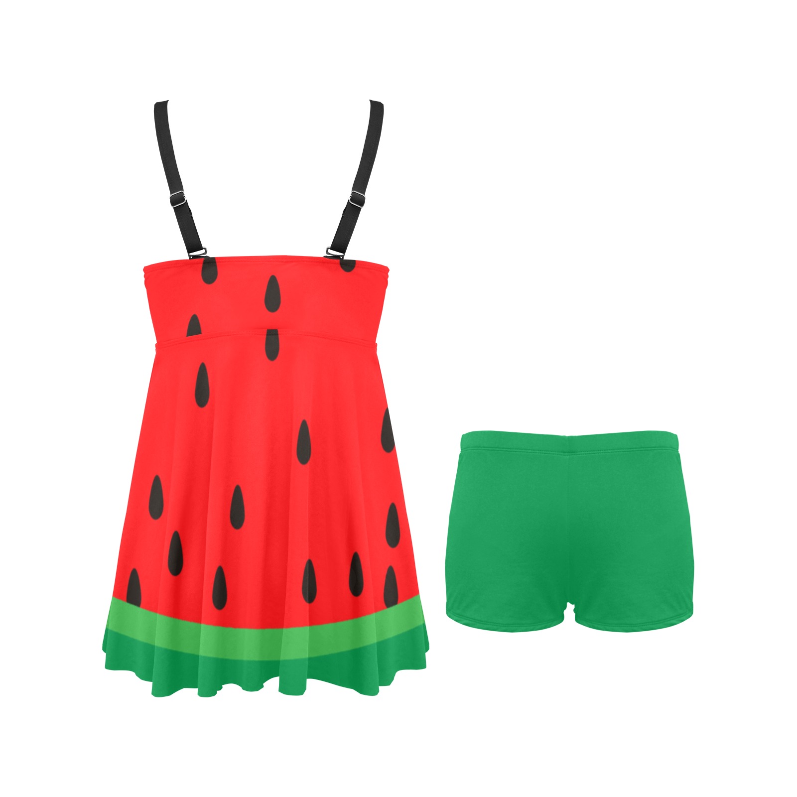 Watermelon With Green Shorts Chest Pleat Swim Dress (Model S31)