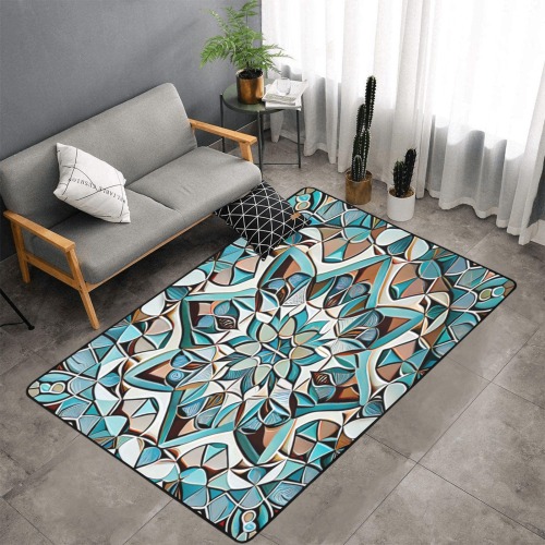 intricate pattern, pale blue-green and white Area Rug with Black Binding 7'x5'