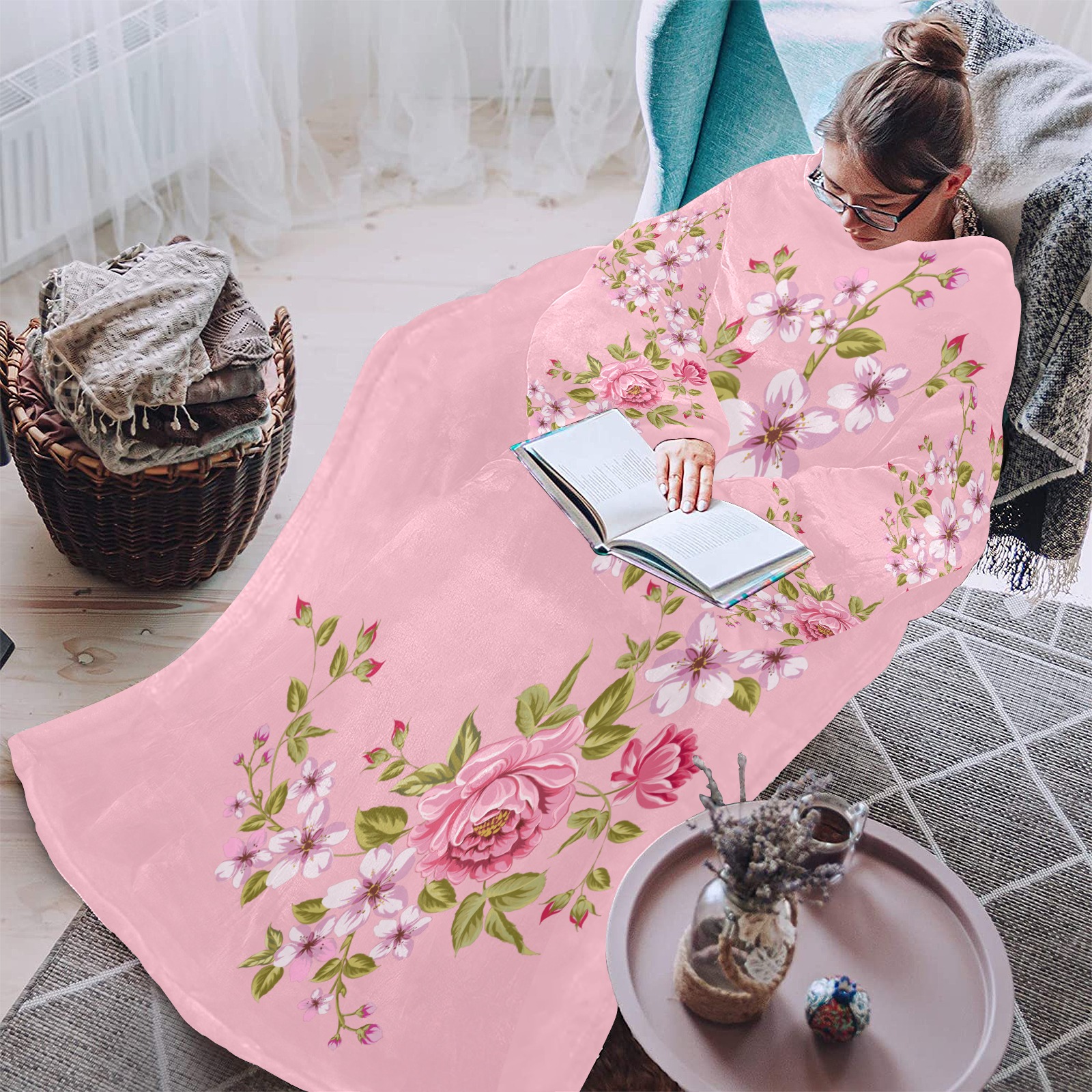 Pure Nature - Summer Of Pink Roses 1 Blanket Robe with Sleeves for Adults