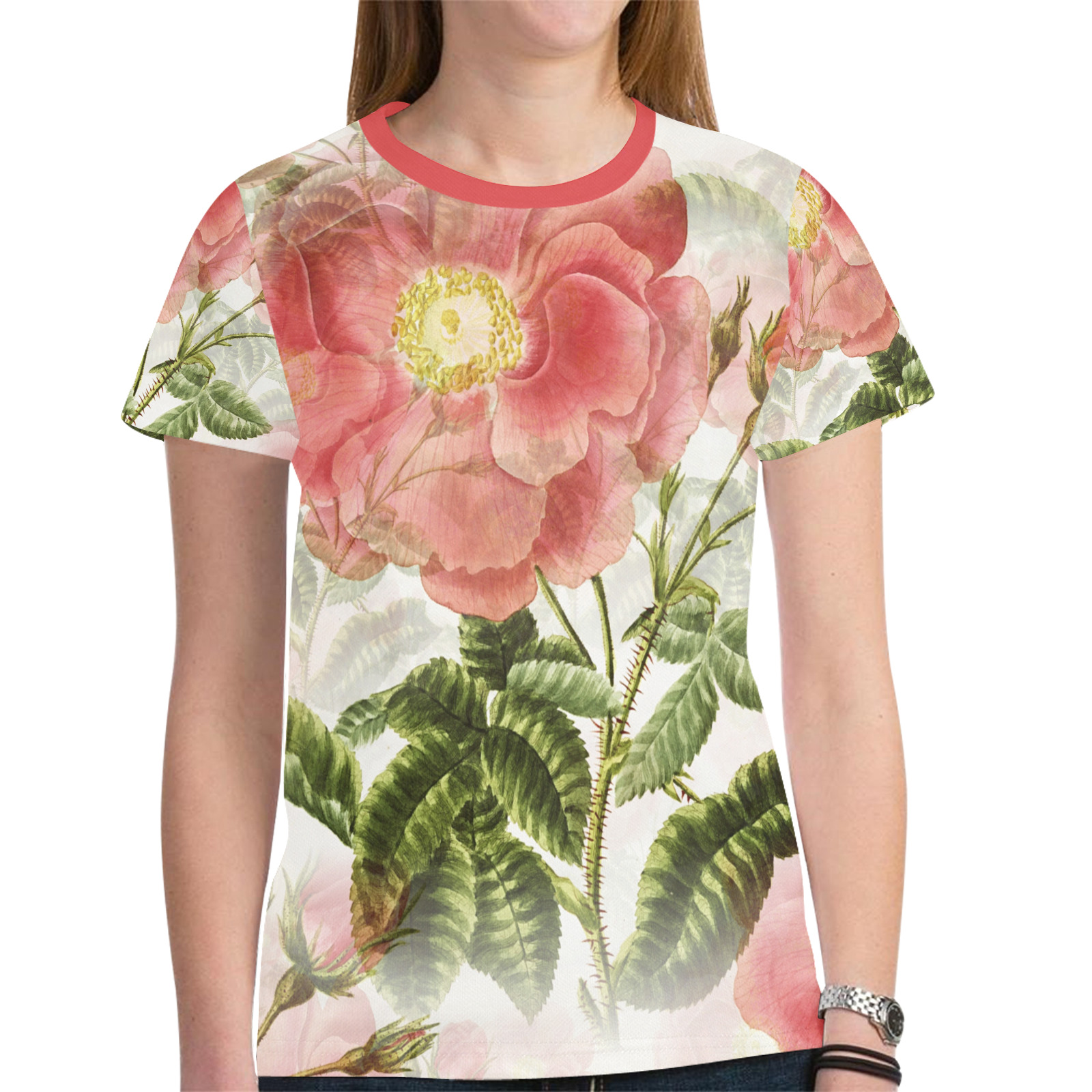 Vintage Red Rose Garden Pattern New All Over Print T-shirt for Women (Model T45)