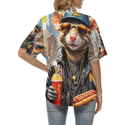 HOT DOG EATING NYC RAT 7 All Over Print Hawaiian Shirt for Women (Model T58)
