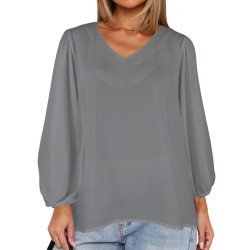 Poppy Seed Women's Loose V-Neck Long Puff Sleeve Top (Model H70)