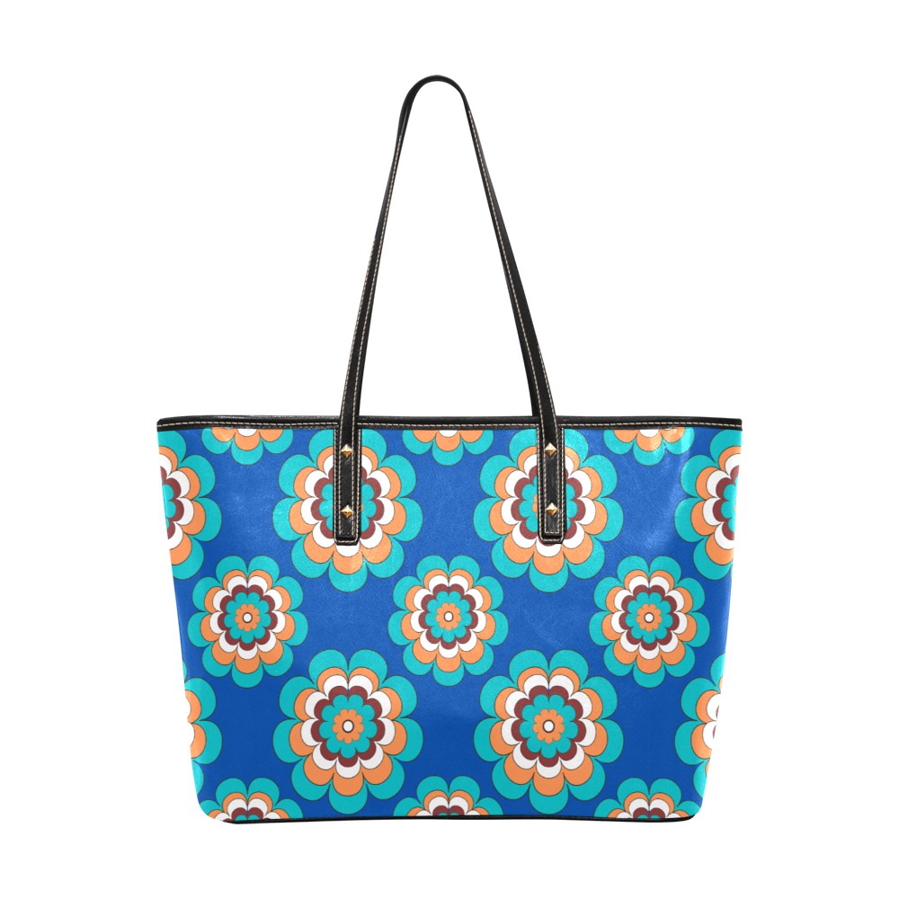Turquoise Flowers on Blue Chic Leather Tote Bag (Model 1709)