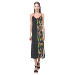 Bright Hued Butterflies on a Black Field V-Neck Open Fork Long Dress(Model D18)