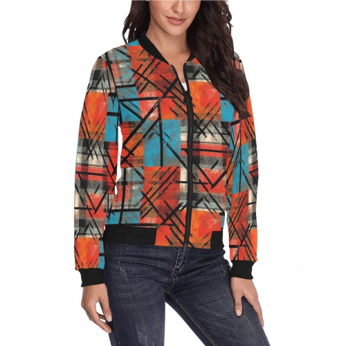 Red And Blue Grunge Plaid All Over Print Bomber Jacket for Women (Model H36)