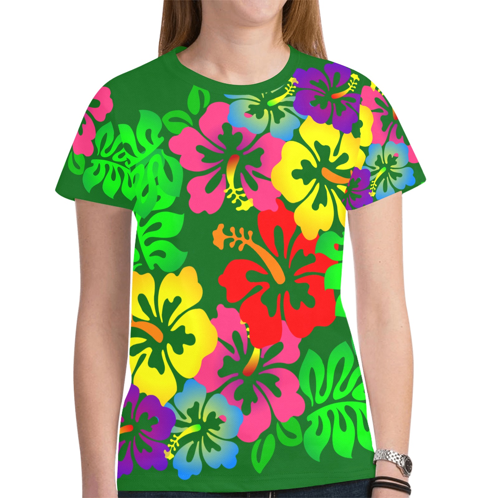 Hibiscus Hawaiian Flower on Green New All Over Print T-shirt for Women (Model T45)
