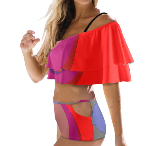 Red Abstract 714 Women's Ruffle Off Shoulder Bikini Swimsuit (Model S45)