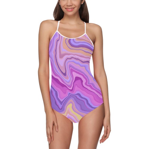 Violet and yellow waves-709 Strap Swimsuit ( Model S05)