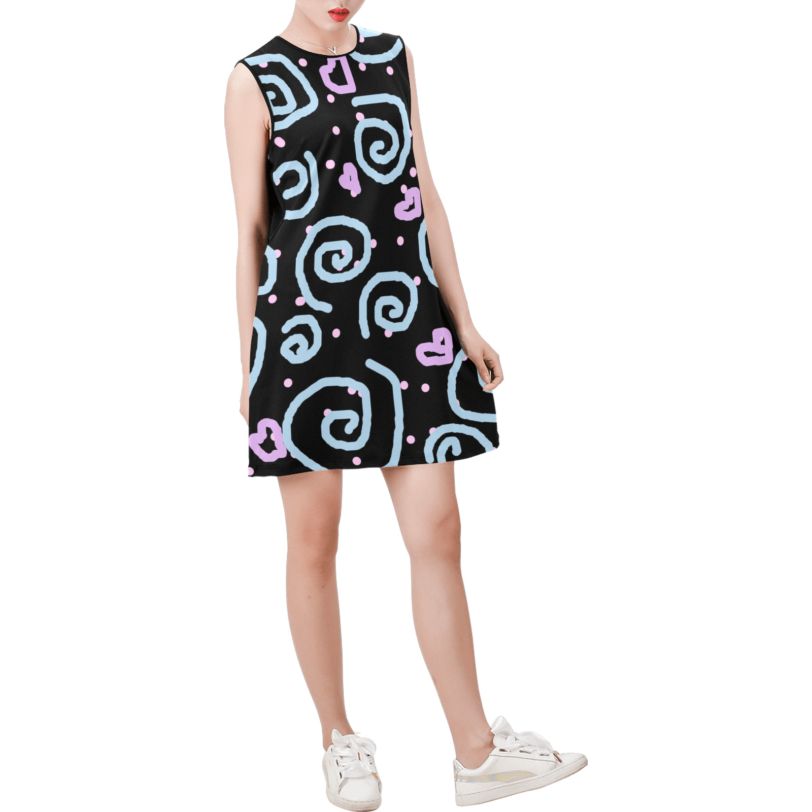 swirls and hearts Sleeveless Round Neck Shift Dress (Model D51)