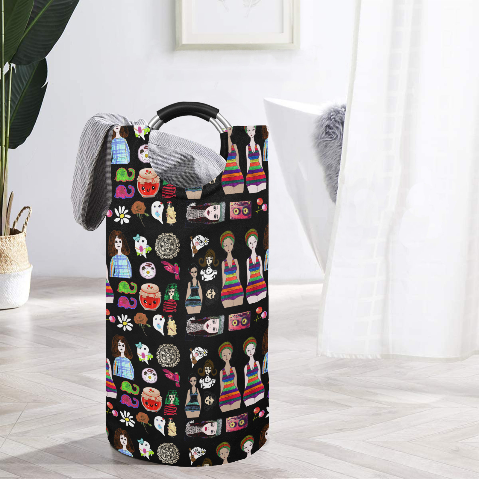 drawing collage black Round Laundry Bag