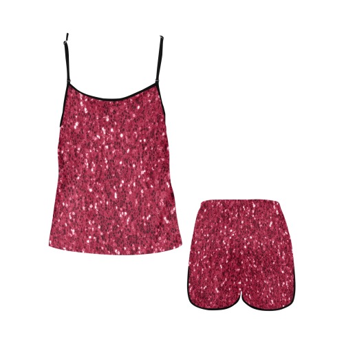 Magenta dark pink red faux sparkles glitter Women's Spaghetti Strap Short Pajama Set