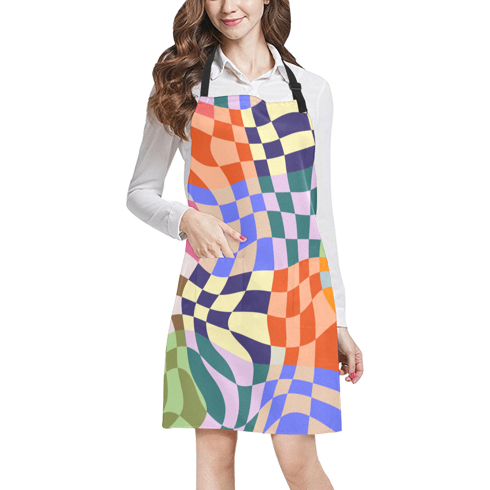 Wavy Groovy Geometric Checkered Retro Abstract Mosaic Pixels All Over Print Apron