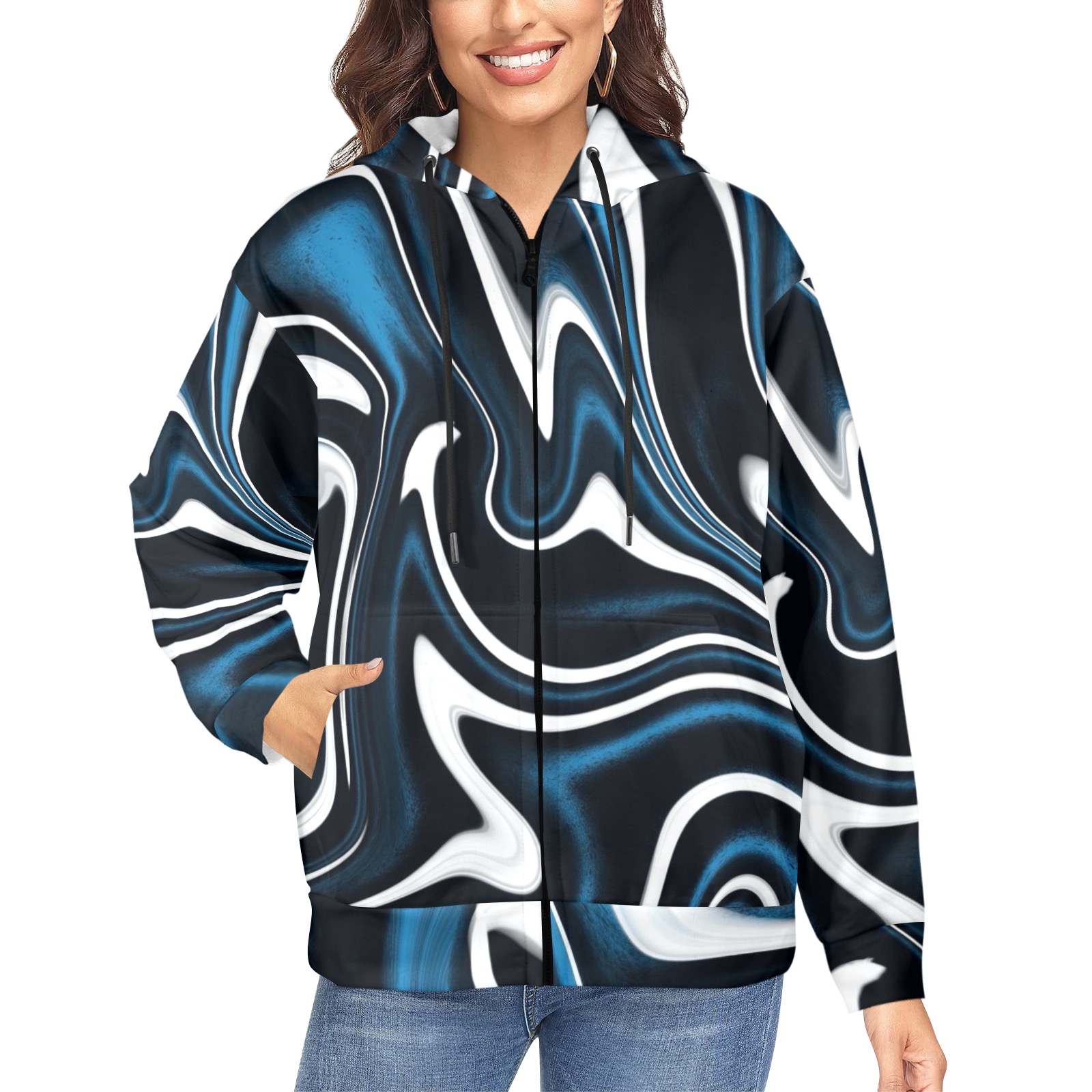 Blue, Black and White Estonia Swirls Women's Fleece Full-Zip Hoodie (Model H60)
