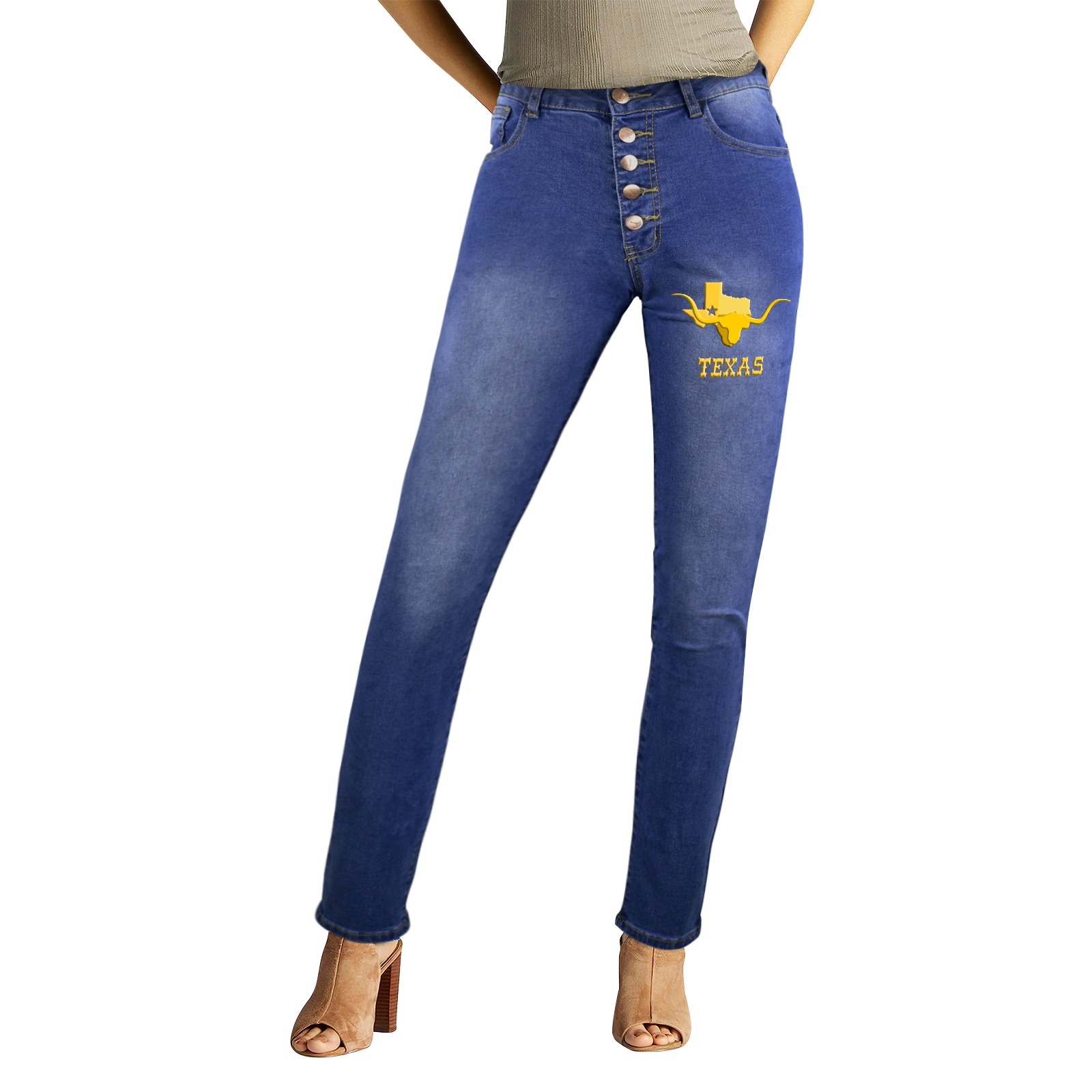 Yellow TEXAS word, map, longhorn head, art. Women's Jeans (Front&Back Printing)