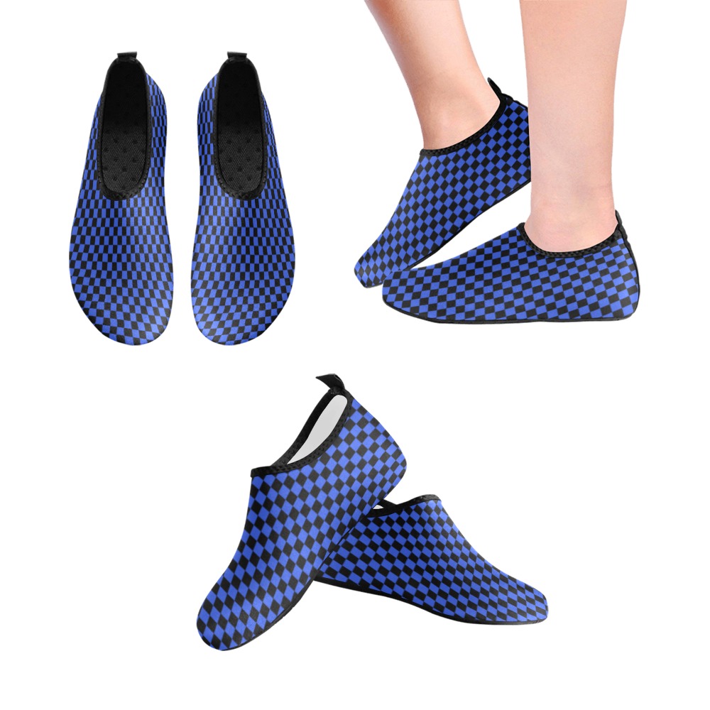 Checkerboard Black And Blue Men's Slip-On Water Shoes (Model 056)
