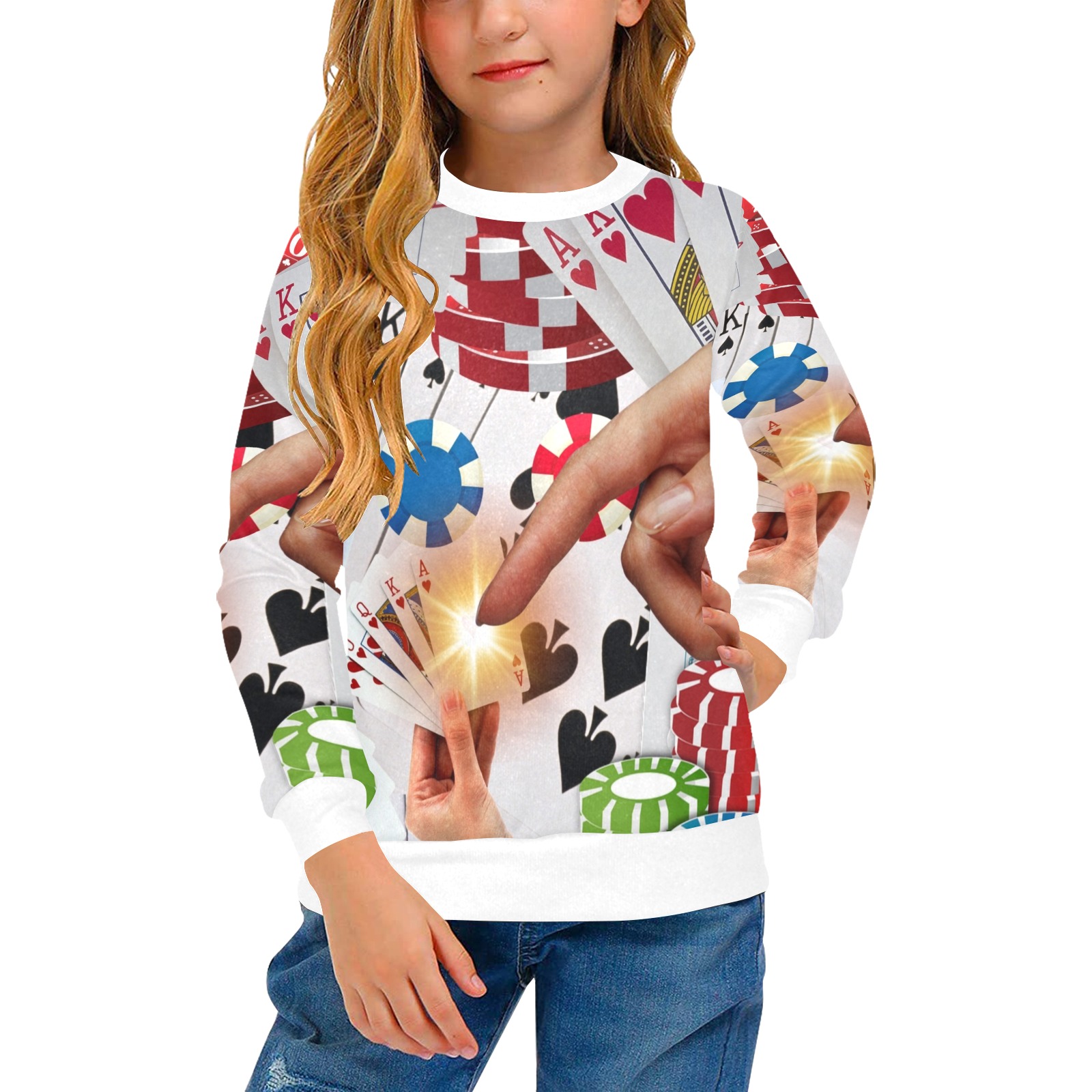 POKER NIGHT TOO Girls' All Over Print Crew Neck Sweater (Model H49)
