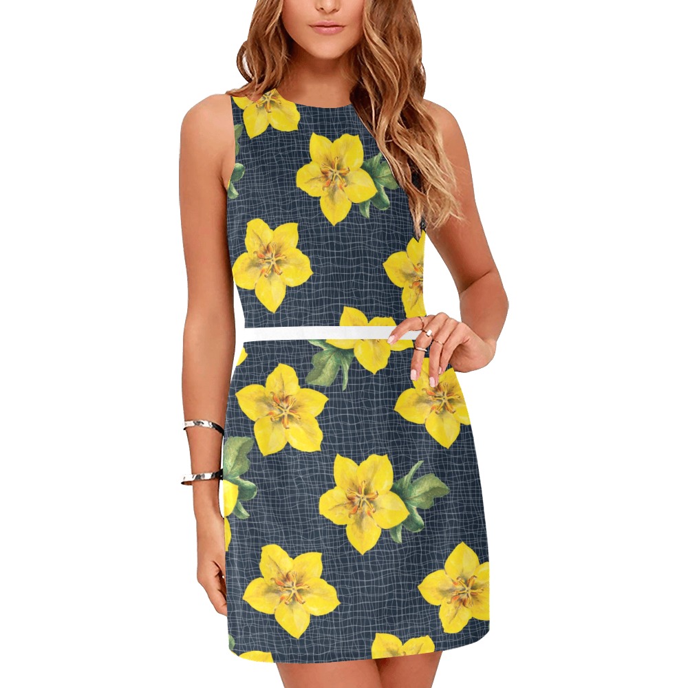 yellow flora print copy Eos Women's Sleeveless Dress (Model D01)