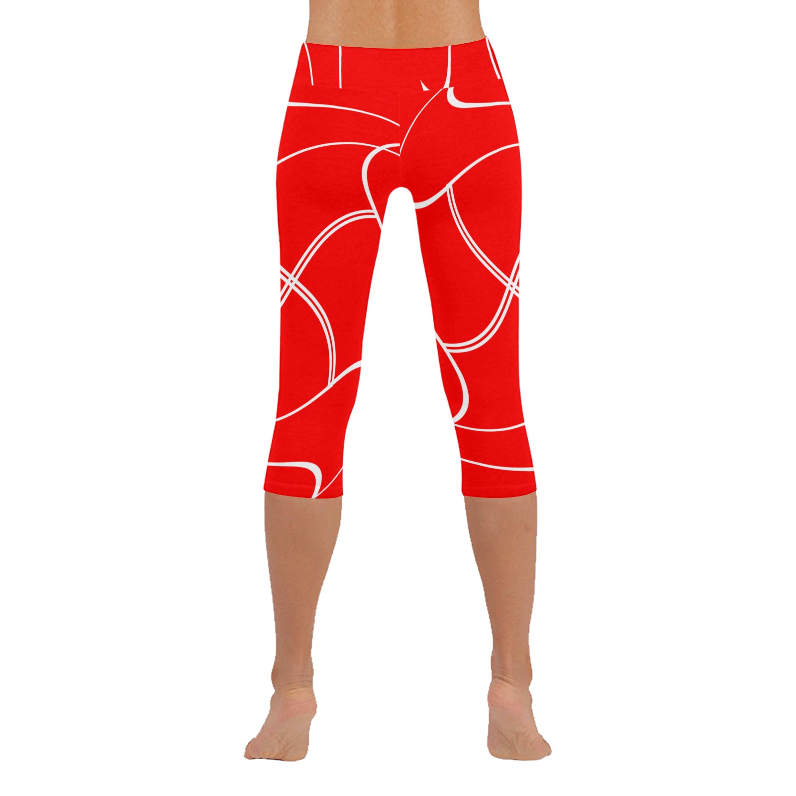 White Interlocking Squares twirled red Women's Low Rise Capri Leggings (Invisible Stitch) (Model L08)