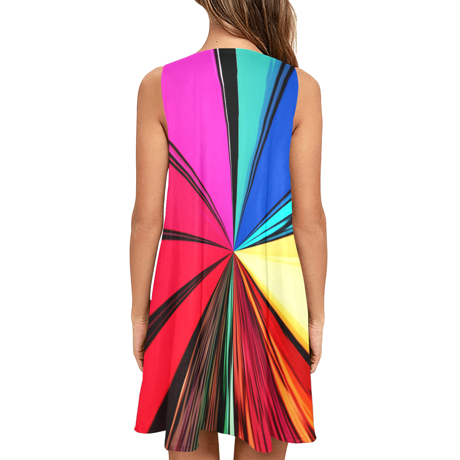 Colorful Rainbow Vortex 608 Sleeveless A-Line Pocket Dress (Model D57)