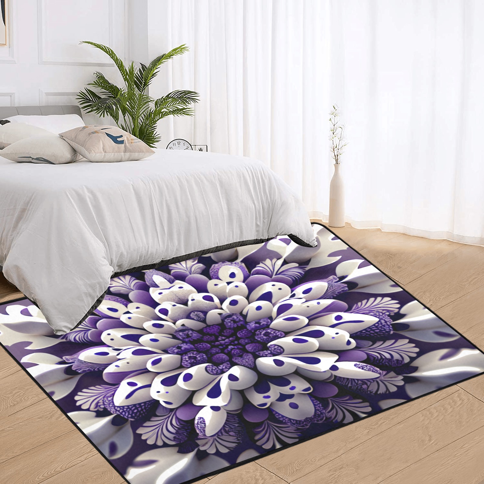 violet and white floral pattern Area Rug with Black Binding 7'x5'