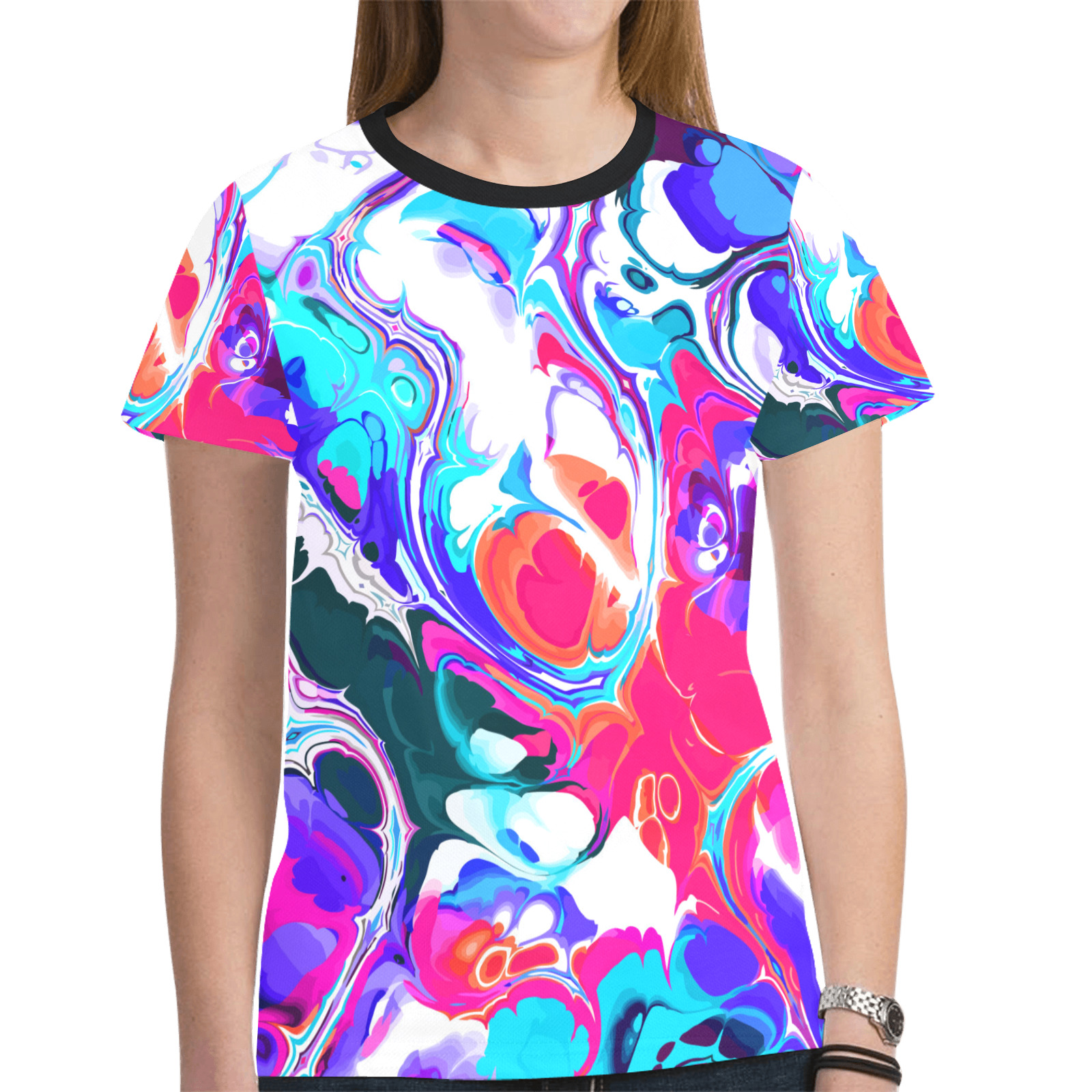 Blue White Pink Liquid Flowing Marbled Ink Abstract New All Over Print T-shirt for Women (Model T45)
