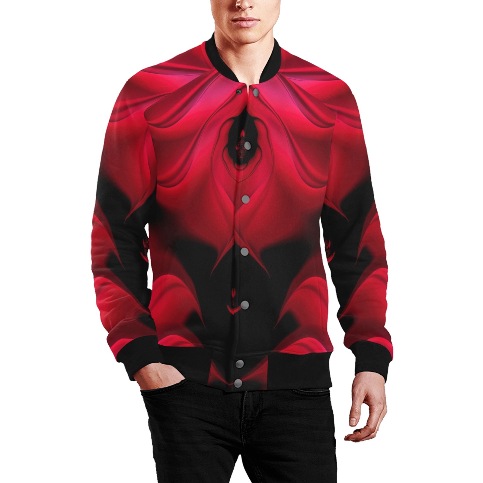Black and Red Fiery Whirlpools Fractal Abstract Men's All Over Print Baseball Jacket (Model H26)