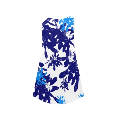 Light Blue and Navy Botanical Girls' Sleeveless Dress (Model D58)